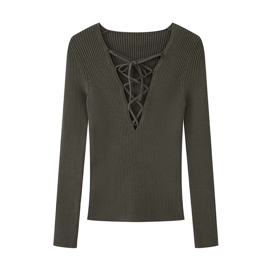 Cross tied V-neck knitted slim fit long sleeve top