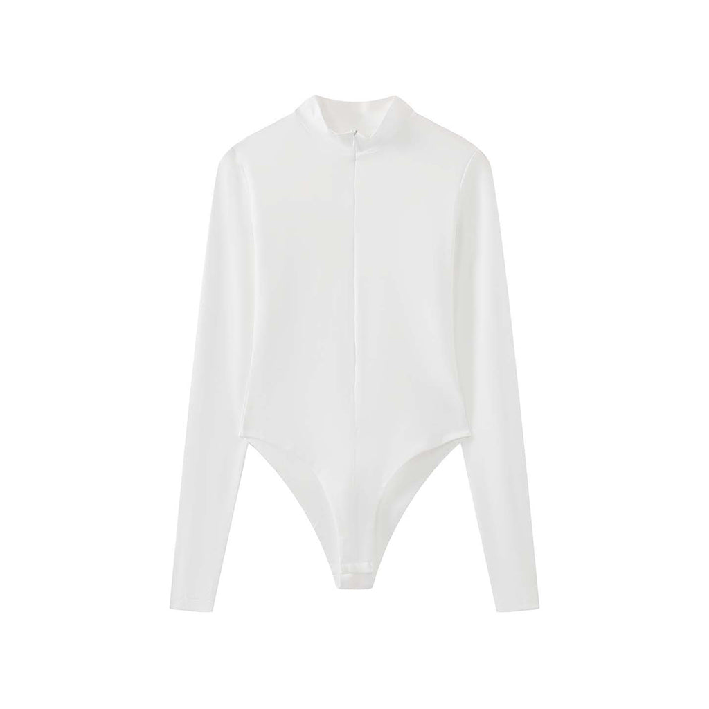 Slim fit stand collar zip long sleeve bodysuit