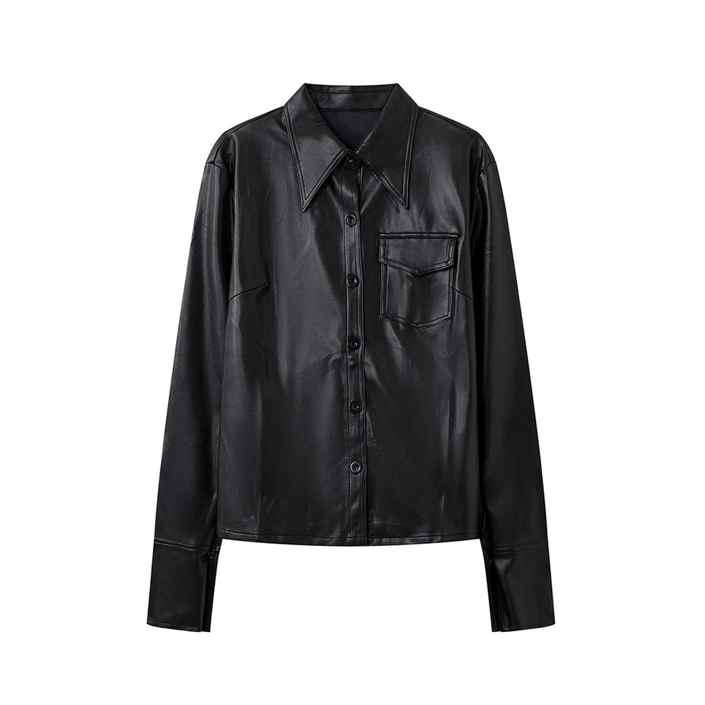 Big collar PU leather button jacket top