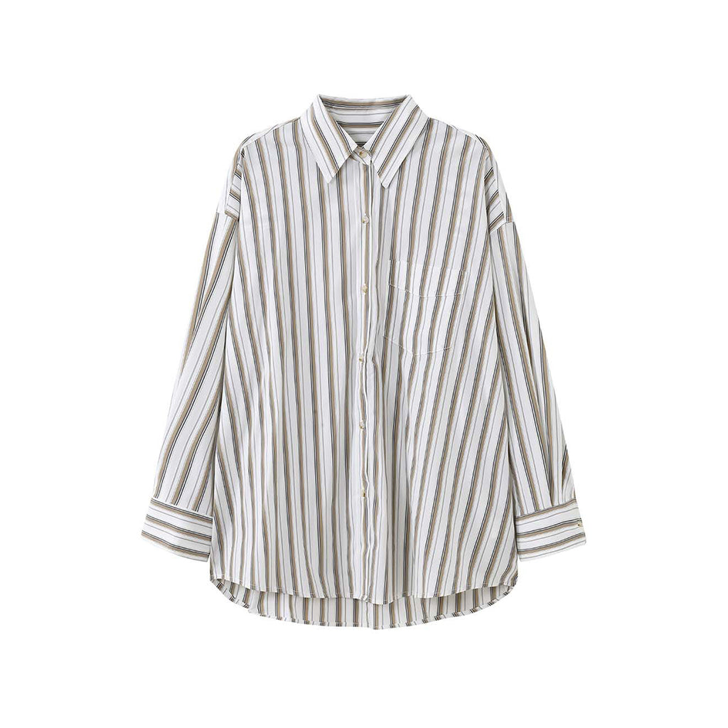 Striped long sleeved loose silhouette slimming shirt top