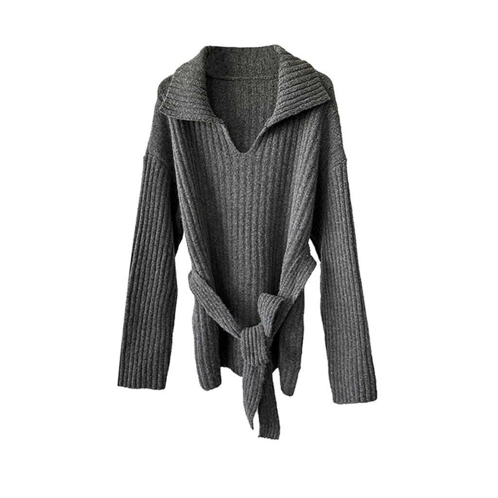 Flip collar knitted lazy V-neck sweater with belt