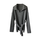 Flip collar knitted lazy V-neck sweater with belt