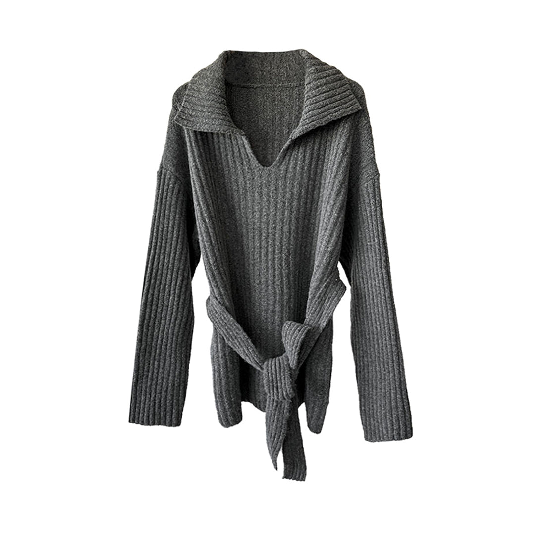 Flip collar knitted lazy V-neck sweater with belt