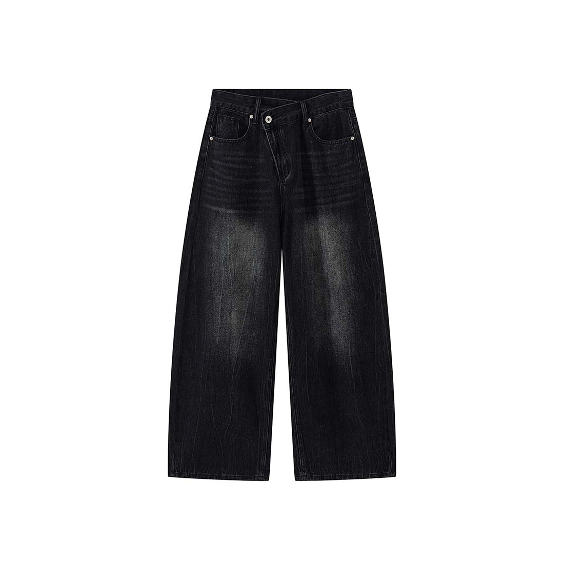 High waist denim jeans, wide leg loose fit, vintage wash