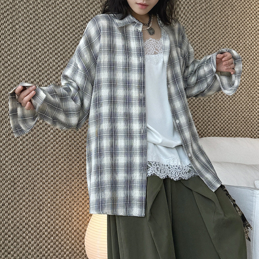 Vintage plaid cotton shirt loose long sleeve casual button down blouse