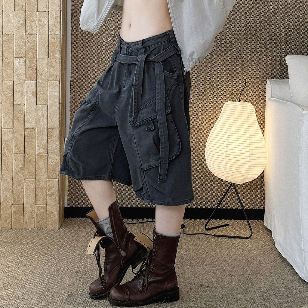 High Waist Wide Leg Denim Shorts with Raw Hem