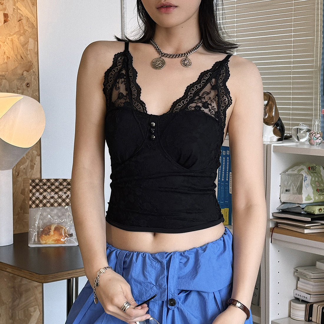 Women’s V-Neck Lace Camisole with Built-in Bra