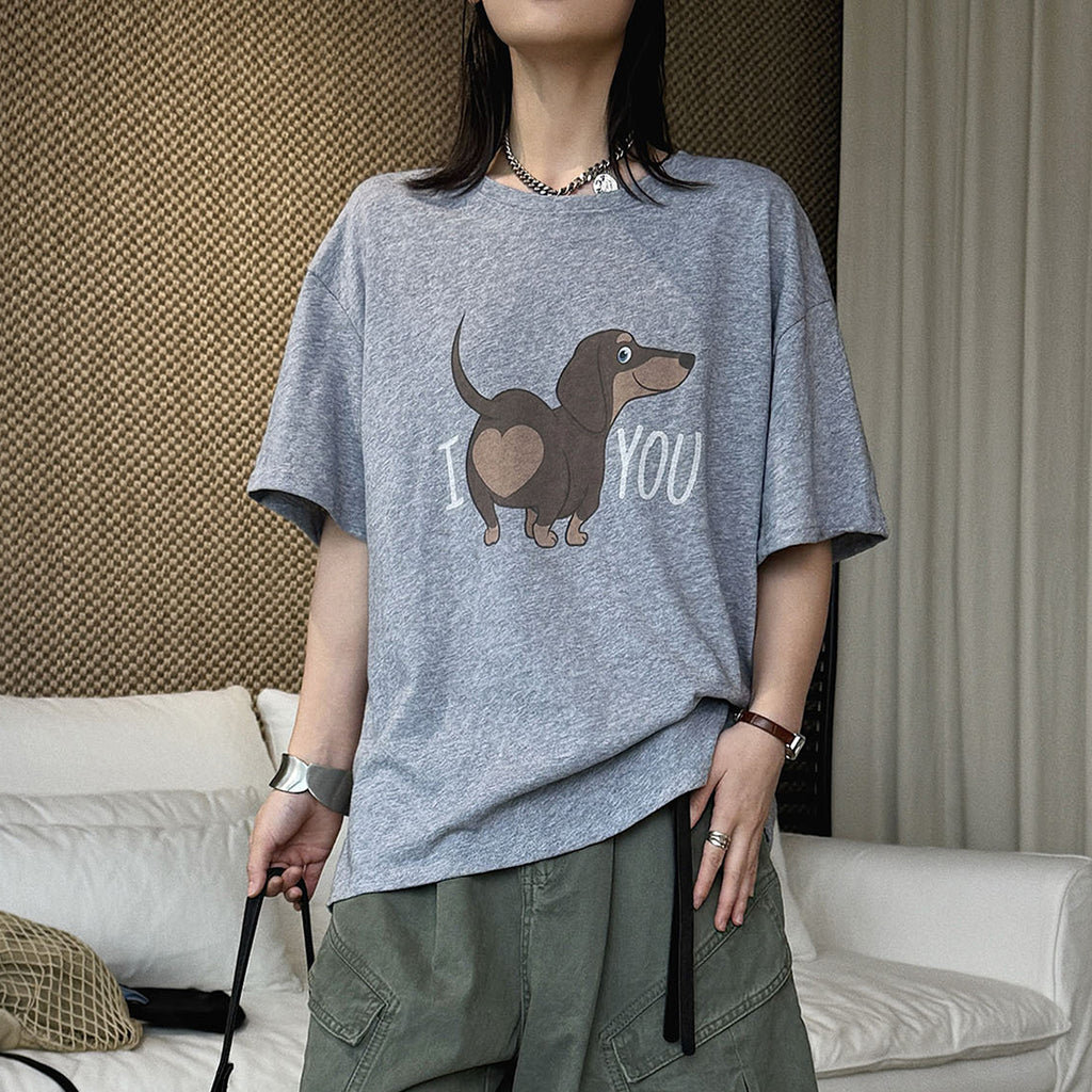 Round neck sausage dog letter printed short sleeve T-shirt top