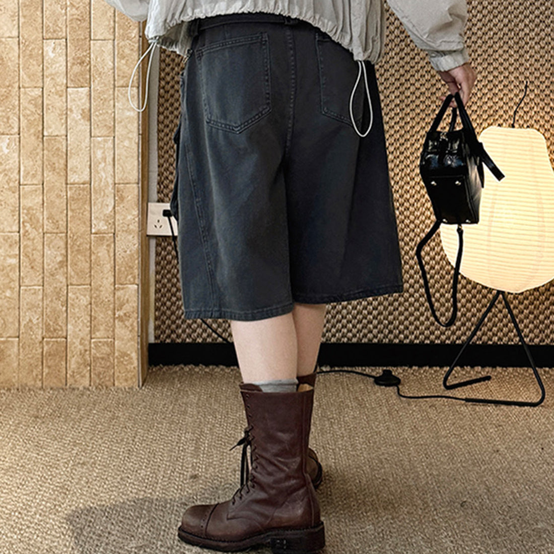 High Waist Wide Leg Denim Shorts with Raw Hem