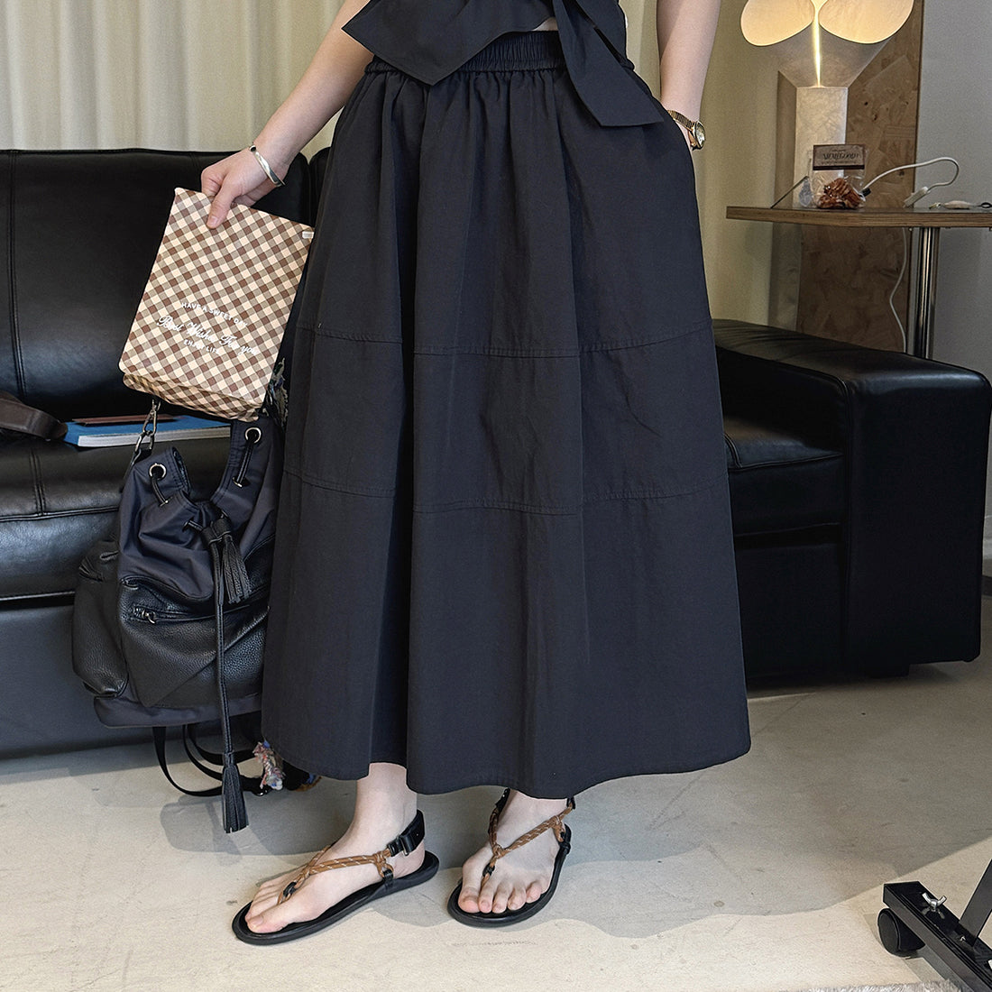 long skirt high waist elastic waist cotton a line midi skirt loose casual solid color skirt
