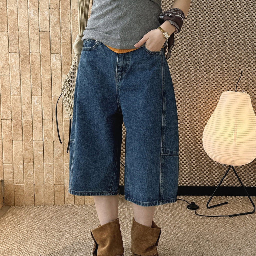 High Waist Cotton Denim Bermuda Shorts Loose Fit Wide Leg Casual Vintage Jeans