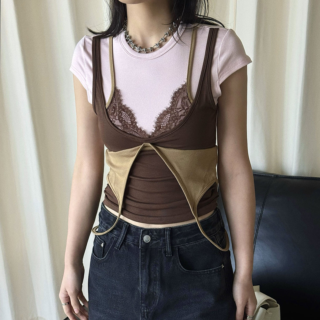 Retro INS style lace fake two-piece stacked T-shirt top