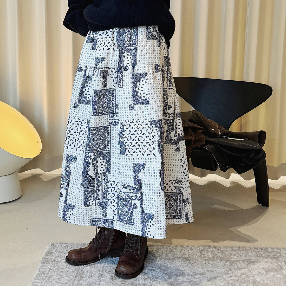 Retro Cashew Flower Splicing Elastic Waist Loose Skirt