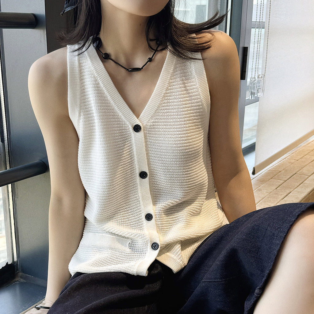 Sleeveless V-Neck Knit Button Vest Top
