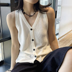 Sleeveless V-Neck Knit Button Vest Top