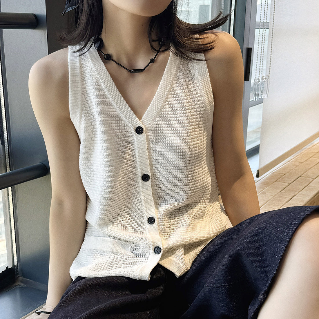 Sleeveless V-Neck Knit Button Vest Top