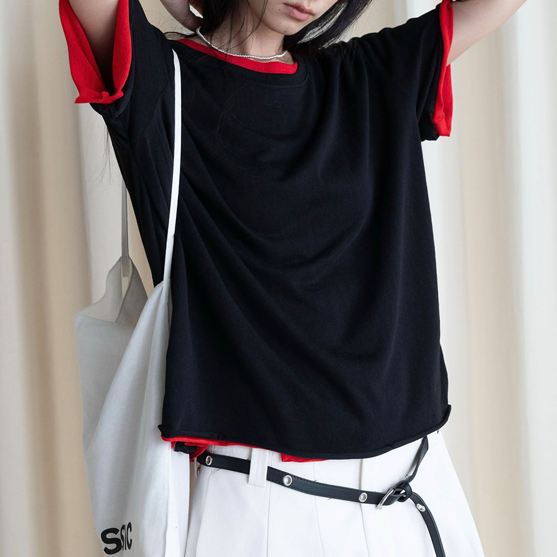 Round neck small rolled edge short sleeved slimming T-shirt