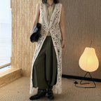 sleeveless long vest lace knit cardigan v neck button down hollow out lightweight layering top
