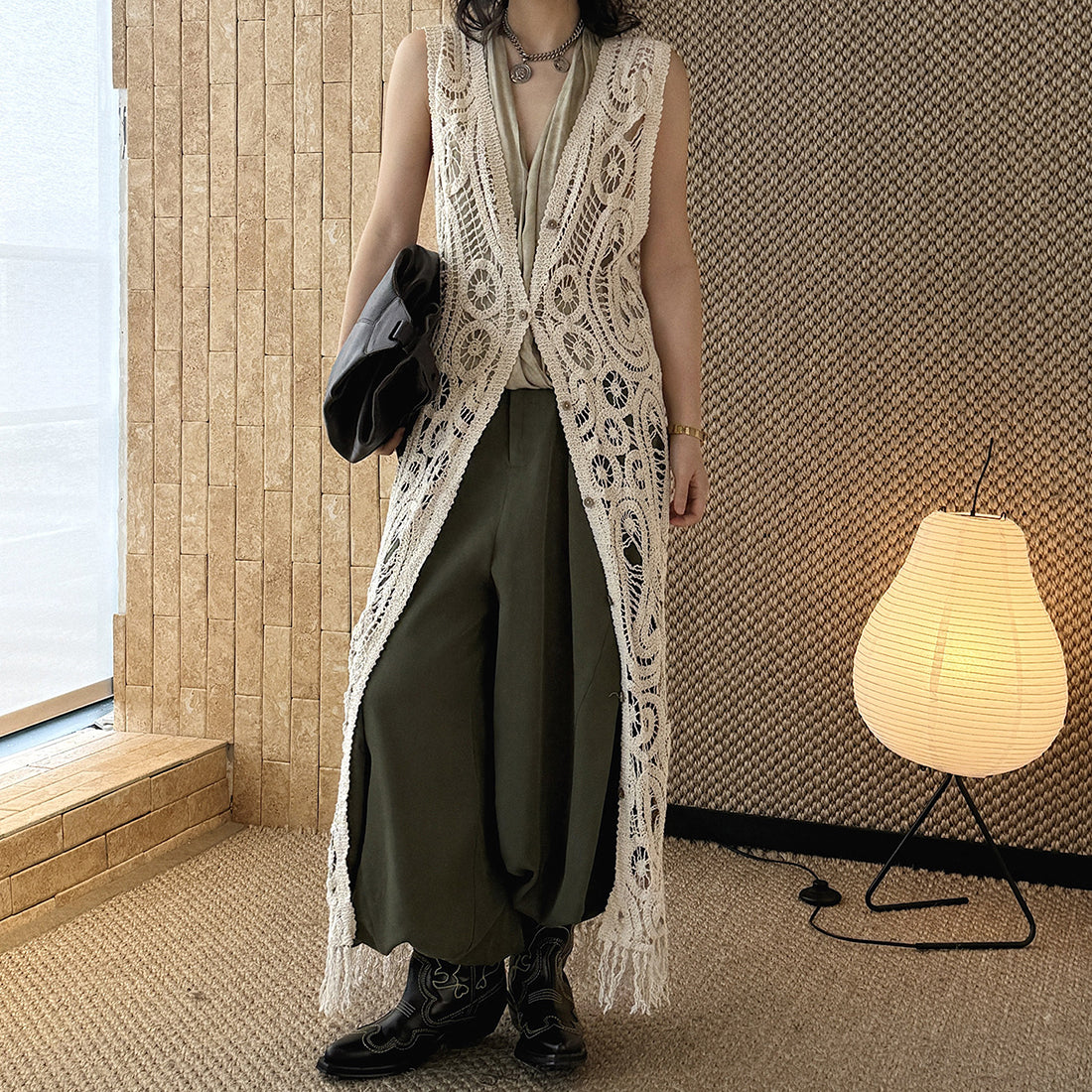 sleeveless long vest lace knit cardigan v neck button down hollow out lightweight layering top