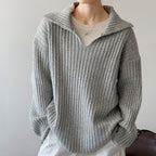 Flip collar knitted lazy V-neck sweater with belt