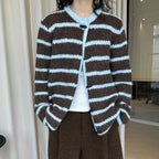 Retro striped horn button plush knitted cardigan top