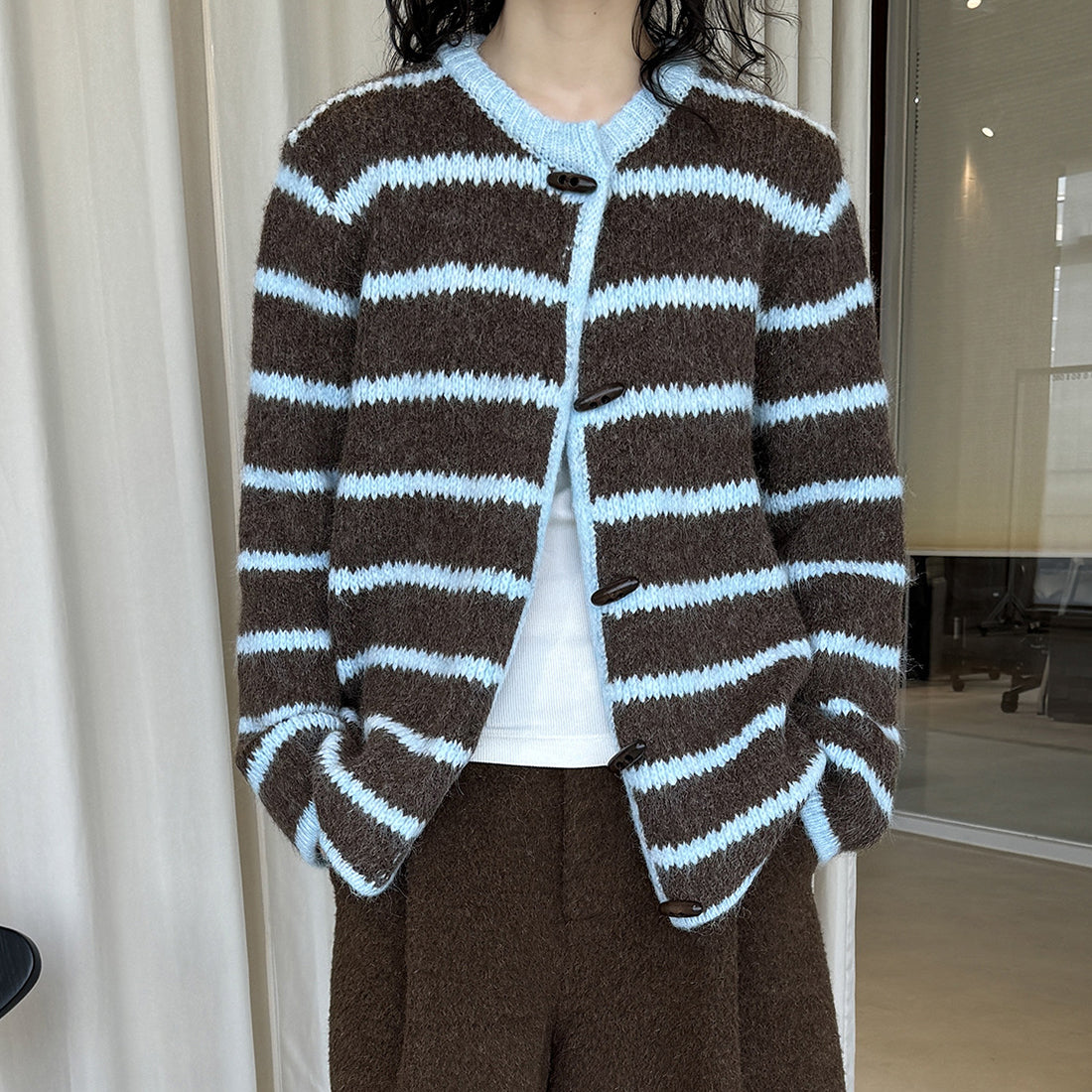 Retro striped horn button plush knitted cardigan top