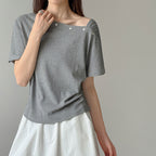 Women’s Asymmetrical Button-Shoulder Short-Sleeve T-Shirt