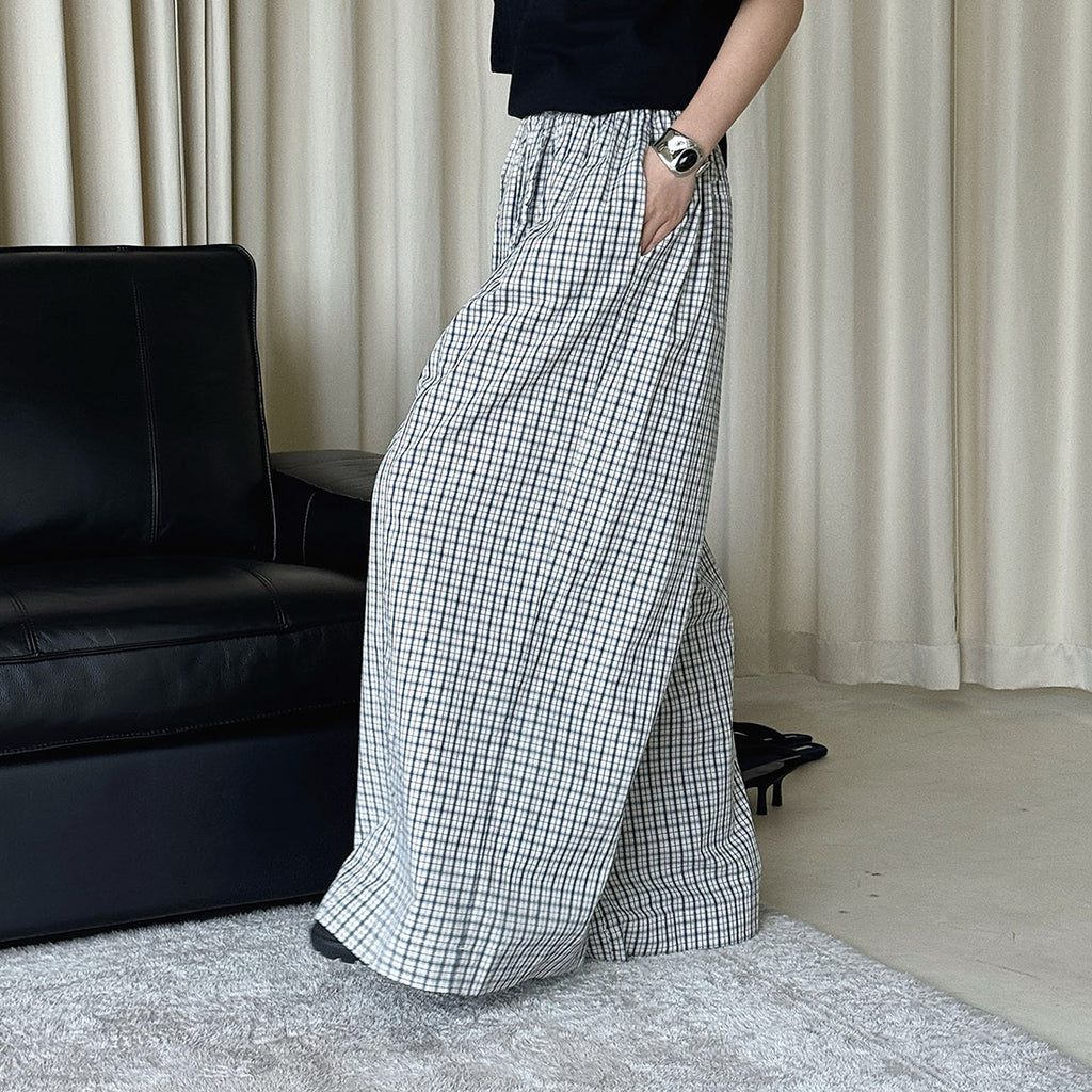 Color blocking plaid splicing casual elastic drawstring pants