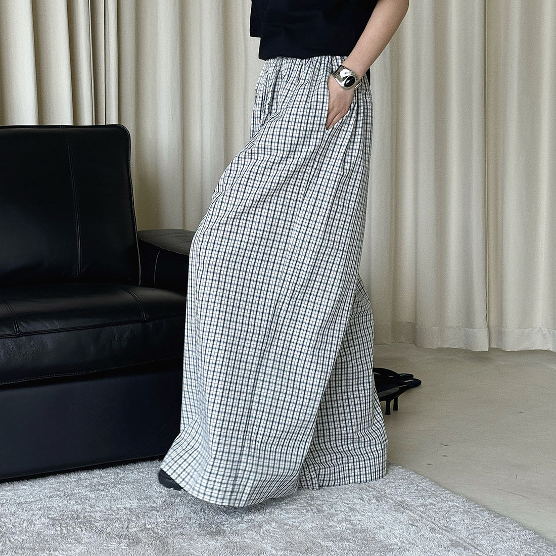Color blocking plaid splicing casual elastic drawstring pants