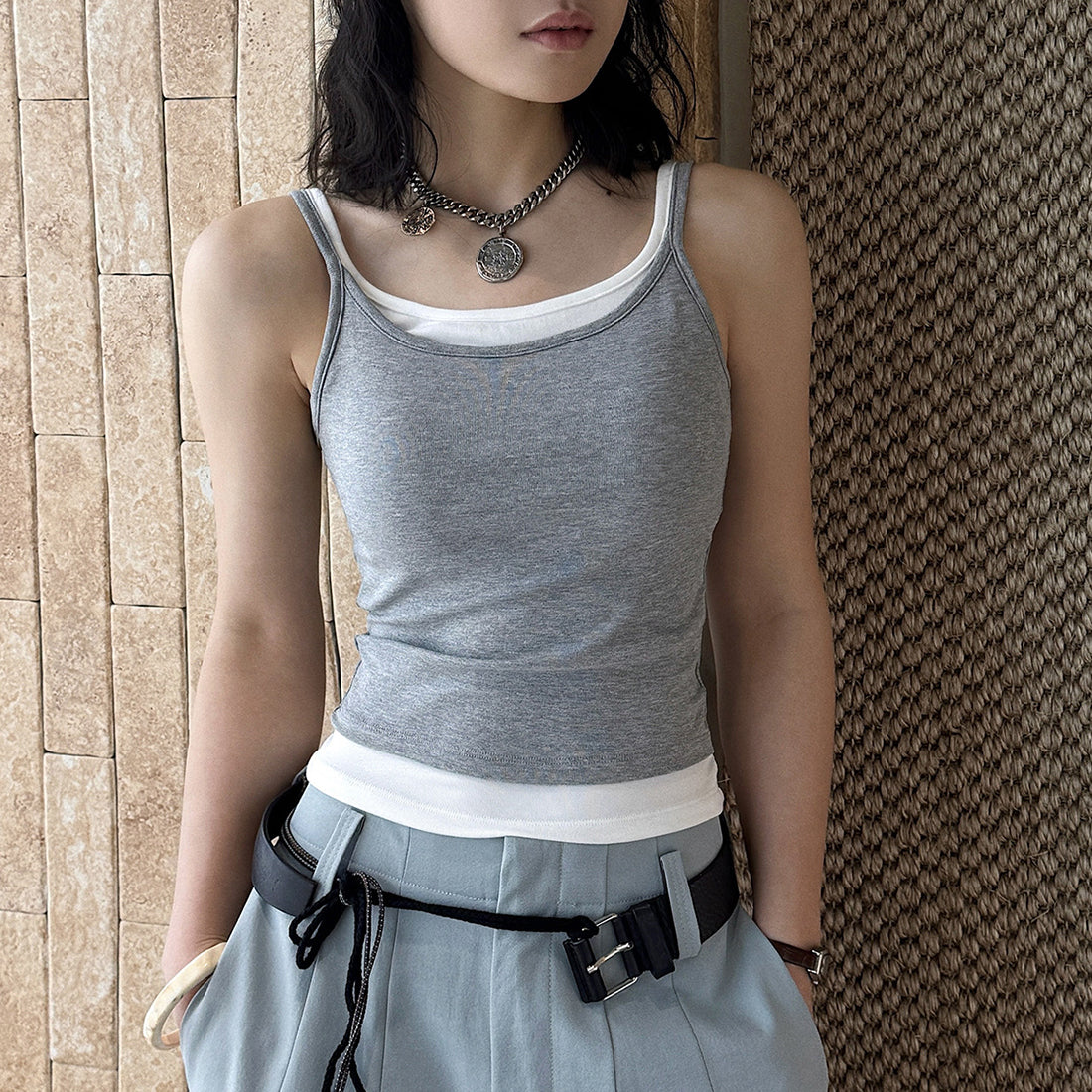 layered tank top slim fit stretchy camisole contrast trim sleeveless top