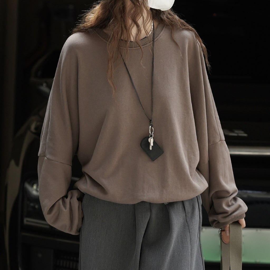 Round neck hem pleated long sleeved top sweatshirt
