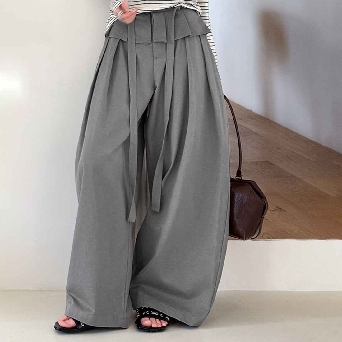 High waist pleated wide leg pants women loose drape trousers with tie waist