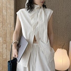 Sleeveless tie neck top women cotton linen loose summer blouse