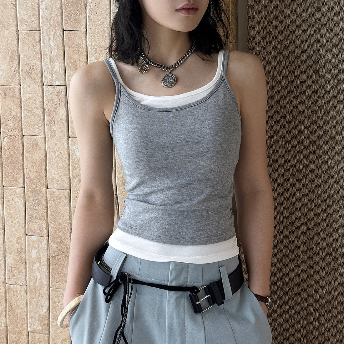 Layered slim fit tank top with stretch fabric and contrast trim