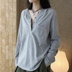 Loose fit v neck long sleeve button shirt top