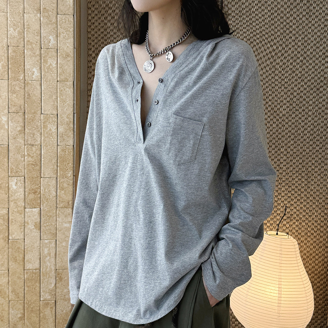 Loose fit v neck long sleeve button shirt top