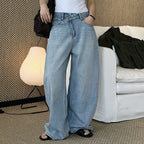 High waist denim jeans, wide leg loose fit, vintage wash