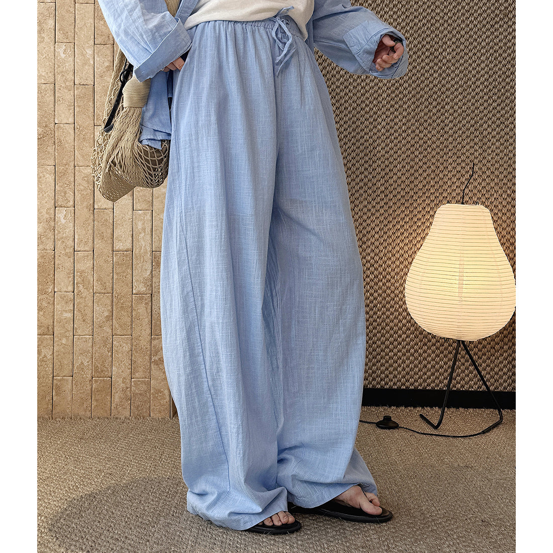 High Waist Cotton Linen Wide Leg Pants with Drawstring