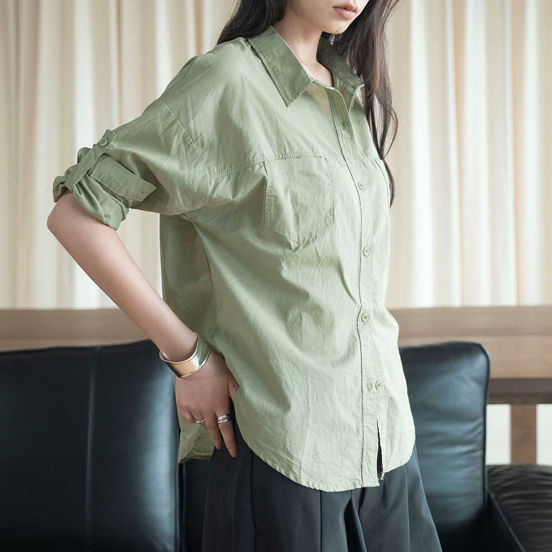 Line splicing loose button up shirt top