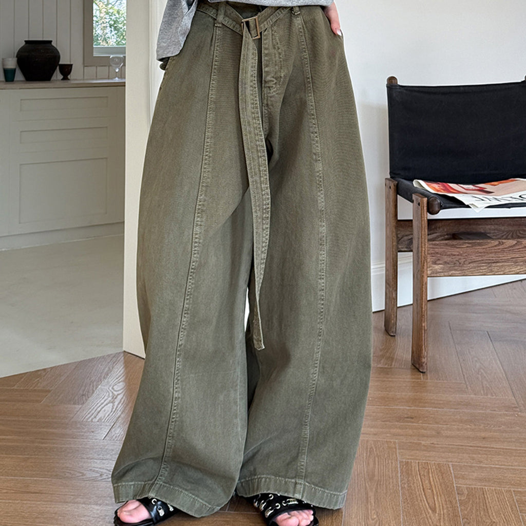 High waist wide leg pants women loose casual trousers with belt cotton