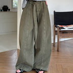 High waist wide leg pants women loose casual trousers with belt cotton