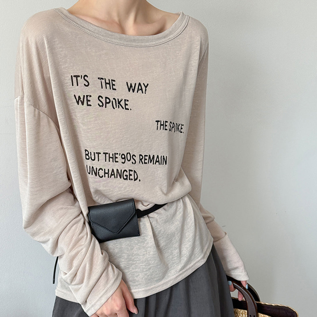 Women’s Off-Shoulder Letter Print Sheer Long-Sleeve Top