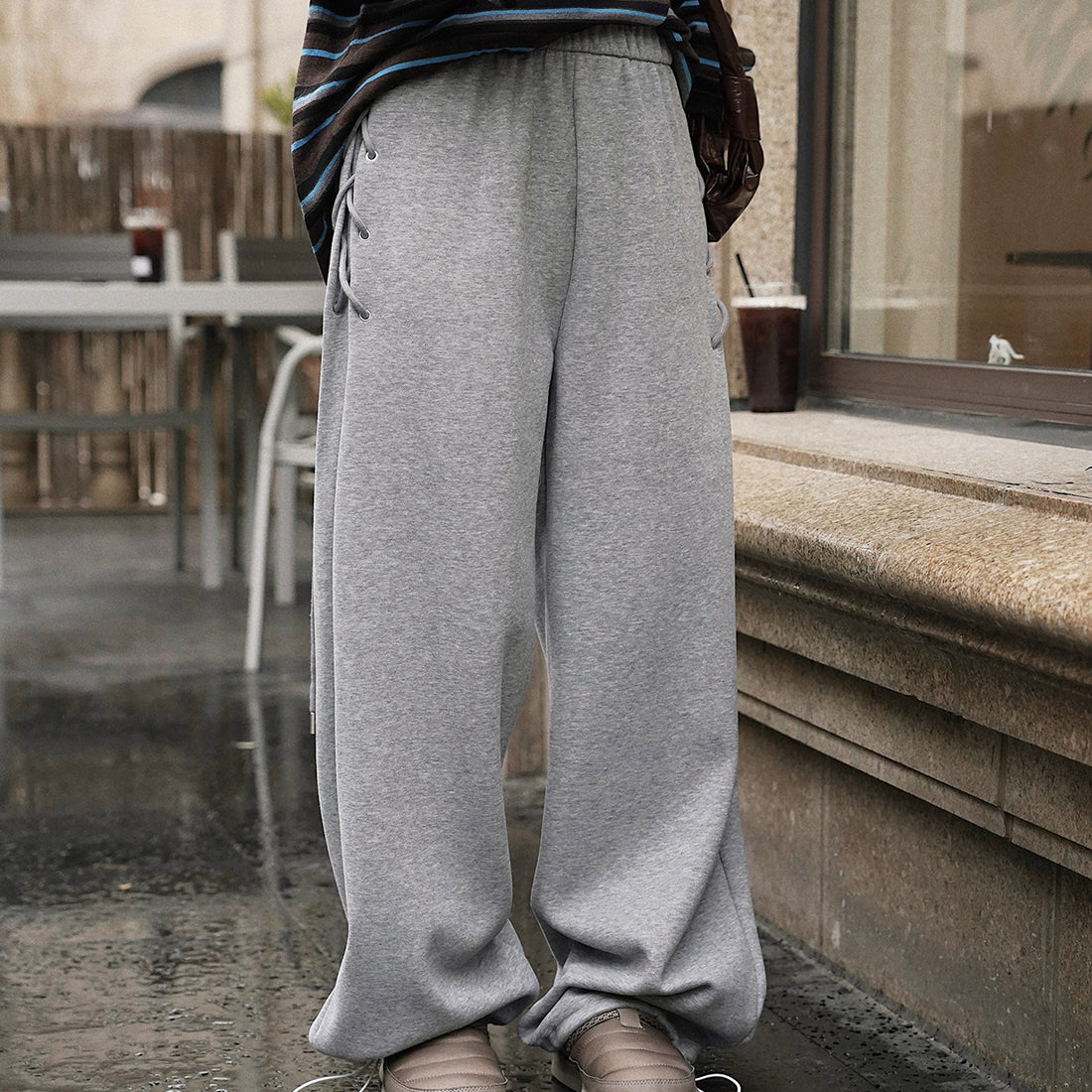 Elastic high waisted side straps and loose wide leg pants