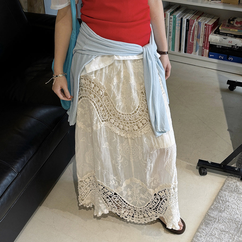 Boho lace embroidered maxi skirt with flowy silhouette and soft lining