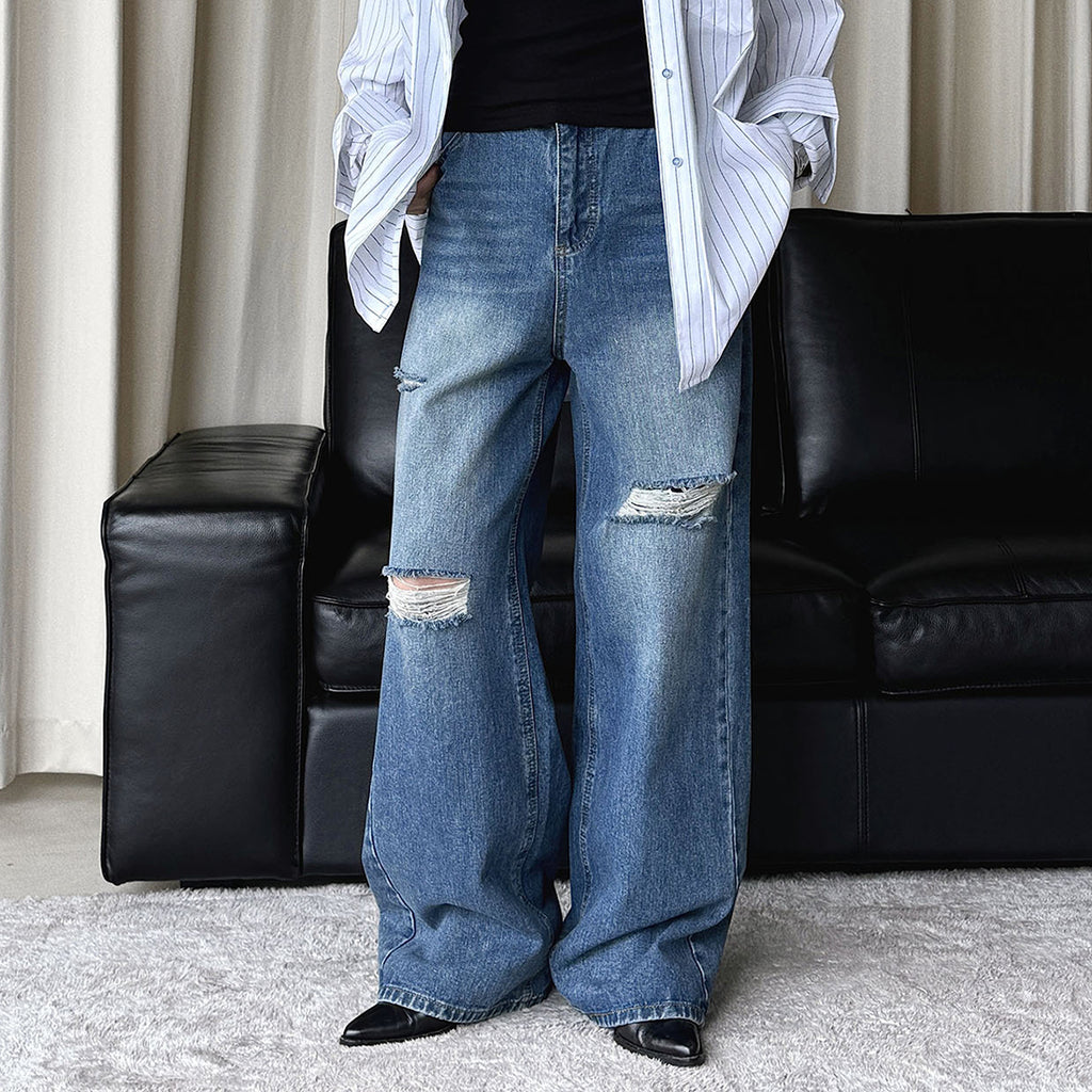 High waisted washed ripped straight leg jeans