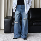 High waisted washed ripped straight leg jeans