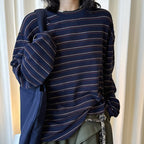 Retro minimalist round neck striped contrasting T-shirt top