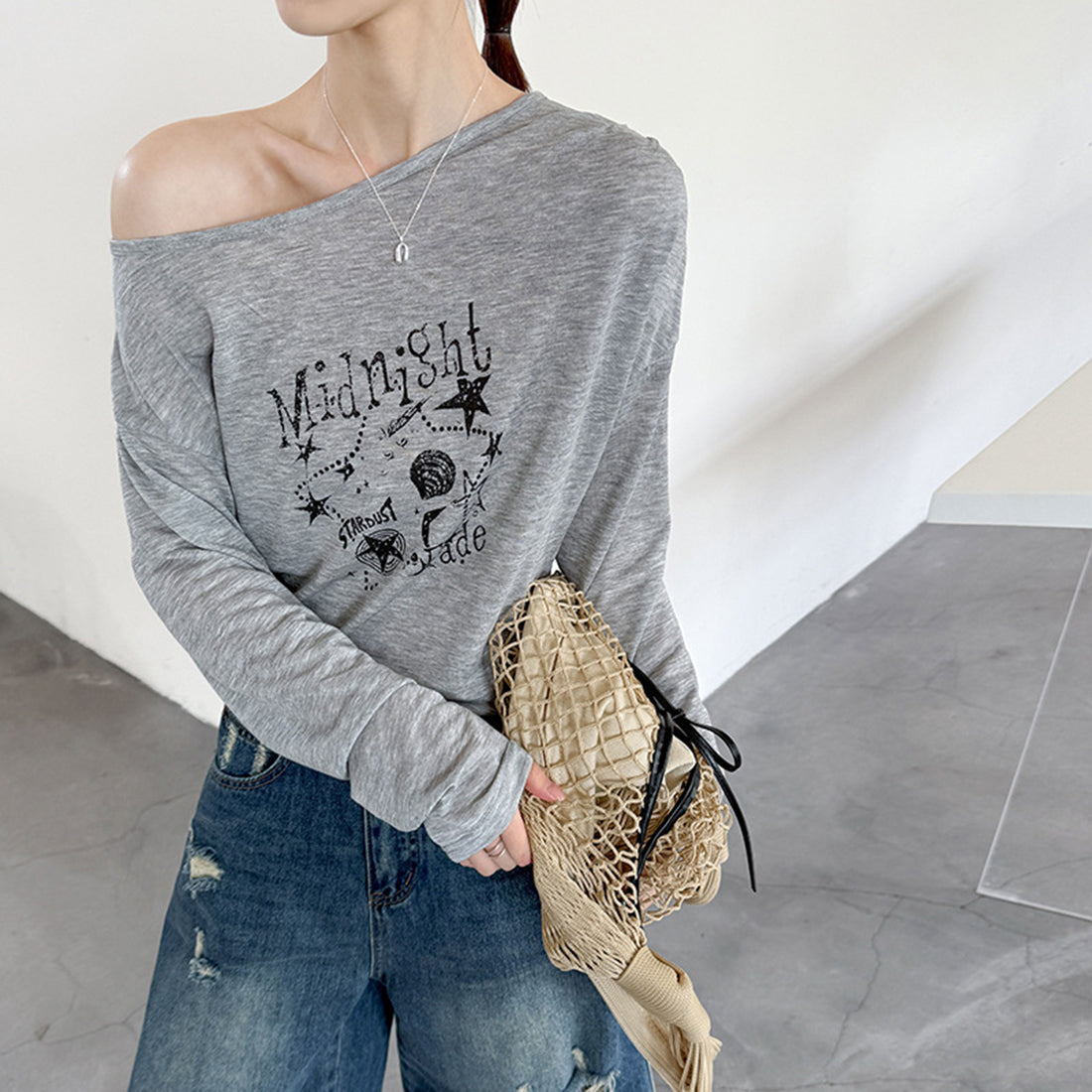 Women’s "Midnight" Star Print Off-Shoulder Long-Sleeve Top
