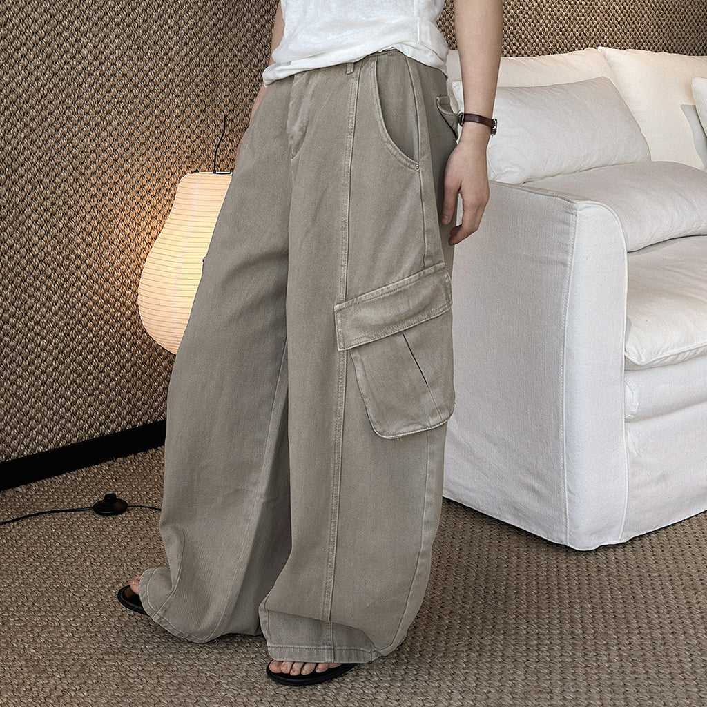 American style spliced large pocket loose wide leg jeans