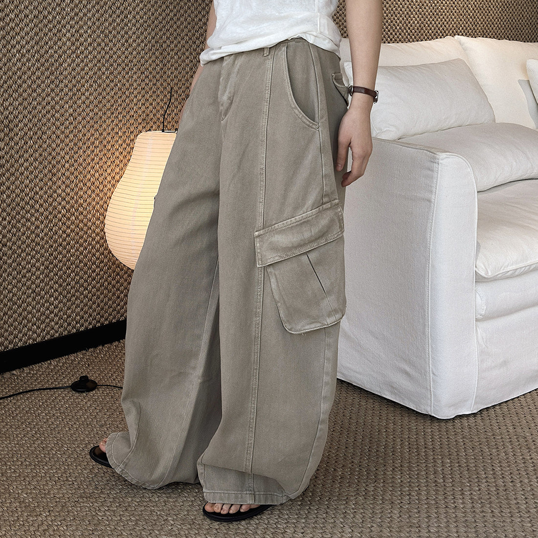 American style spliced large pocket loose wide leg jeans